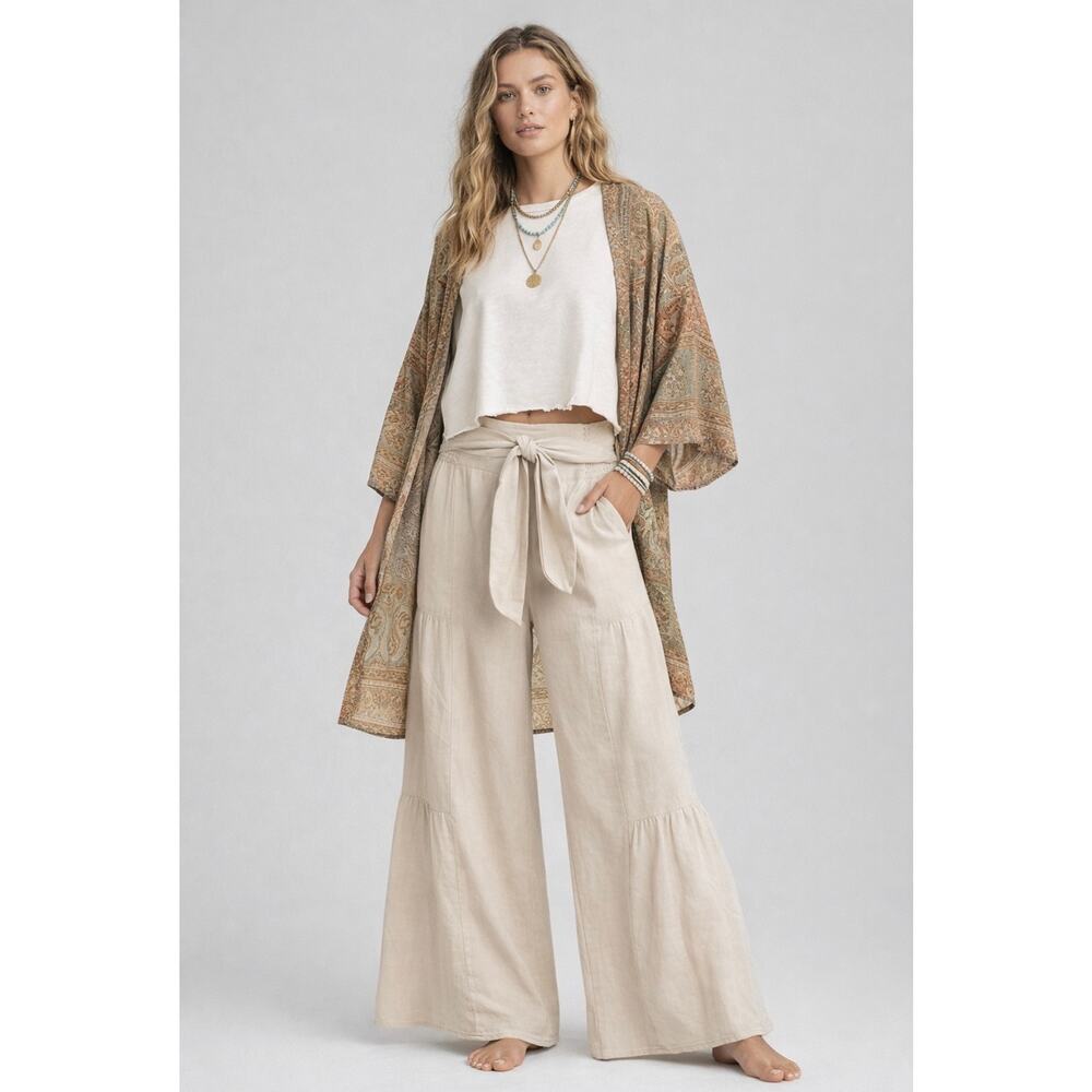 Happily Grey Beige/Tan  Wide Leg Palazzo Pants Tie Waist Linen Blend Size M